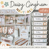 Daisy Gingham Neutrals Classroom Decor Bundle | Editable