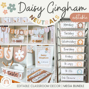 Preview of Daisy Gingham Neutrals Classroom Decor Bundle | Editable