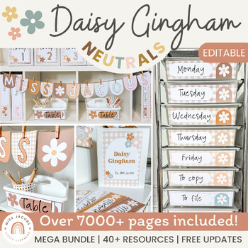 Preview of Daisy Gingham Neutrals Classroom Decor Bundle | Editable