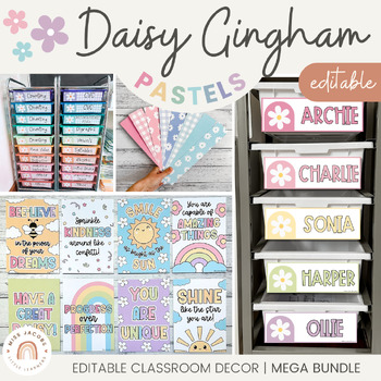 Preview of Daisy Gingham Pastels Classroom Decor Bundle | Muted Rainbow Theme