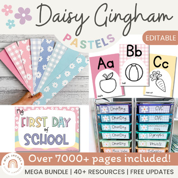 Preview of Daisy Gingham Pastels Classroom Decor Bundle | Muted Rainbow Theme