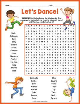 dance word search worksheet by puzzles to print tpt