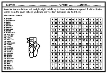 Preview of Dance Forms Vocabulary Word Search Worksheet, Dance Sub Plan