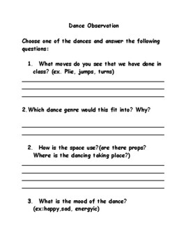 Preview of Dance Observation Questions Worksheet