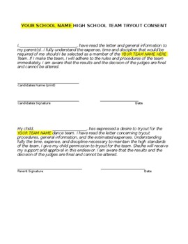 Preview of Dance Team Directing- Editable Tryout Consent Form