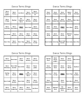 Preview of Dance Terms Review Bingo - (100) Different Cards - Print, Cut, and Play!
