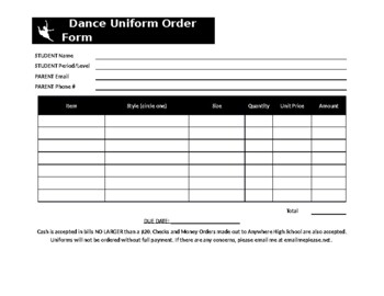 Preview of Dance Uniform/ Costume Order Form