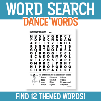 Preview of Dance Vocabulary Word Search - Find 12 words - Print & Go!