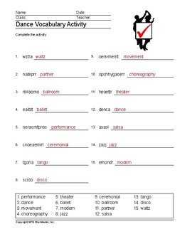 dance word search and vocabulary worksheet printables by lesson machine