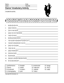 Preview of Dance Word Search and Vocabulary Worksheet Printables