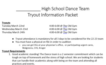 Preview of Dance or Cheer Team Tryout Packet for Coaches; Other sports can use