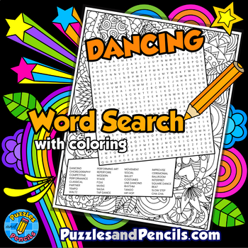 Preview of Dancing Word Search Puzzle Activity Page with Coloring | National Dance Day