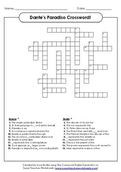 Dante s Divine Comedy Paradiso Crossword Puzzle by Ivory Butler