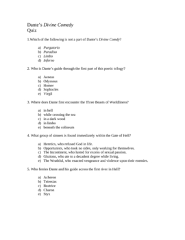 Dante s Inferno Multiple Choice Reading Comprehension Quiz by