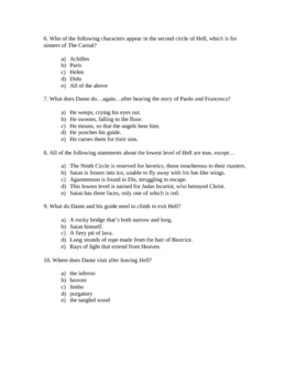 Dante s Inferno Multiple Choice Reading Comprehension Quiz by