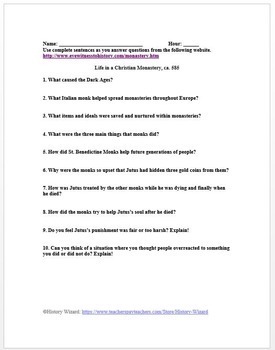 Dark Ages Primary Source Worksheet: Life in a Christian Monastery 585 A.D.