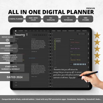 Preview of Dark Mode Black Dated 2024 Digital Planner | All-in-One Daily Weekly Monthly Yea