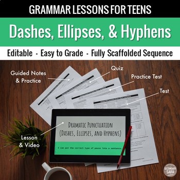 Preview of Dashes, Ellipses, and Hyphens Unit: Grammar Lesson, Quiz, Test, & More