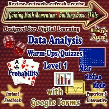 Preview of Data Analysis GOOGLE FORMS Math Warm-Ups/Quizzes Bell Ringers Level 1