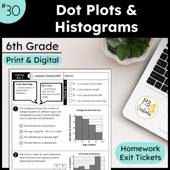 Preview of Data Dot Plots and Histograms Worksheet L30 6th Grade iReady Math Exit Tickets