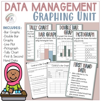 Preview of Data Management Graphing Unit | Anchor Charts & Worksheets | 4 Types of Graphs |