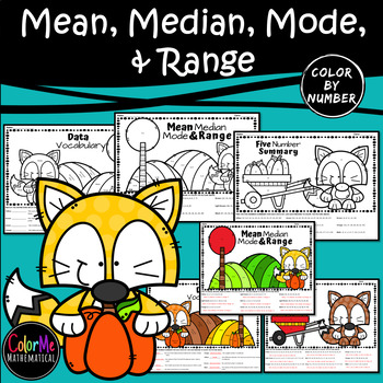 Preview of Data: Mean, Median, Mode and Range Fall Themed Color by Number Worksheets