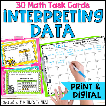 Preview of Data and Graphing Math Task Cards for 1st Grade - Analyzing & Interpreting Data