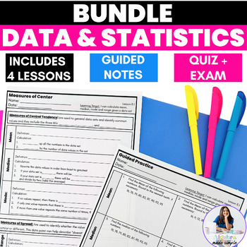 Preview of Data Statistics Algebra 1 Skills Scaffolded Guided Notes Unit Practice Test Prep