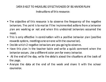 Preview of Data sheet to measure effectiveness of behavior plan