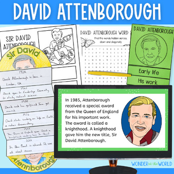 Preview of Sir David Attenborough slide show presentation and biography worksheets lesson