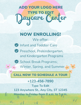 Preview of Day Care &Childcare Services Flyers (4) Fully Customize your Flyer Ready to Edit