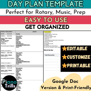 Preview of Day Plan Template - Perfect for Rotary, Music, and Prep Teachers
