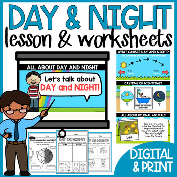 Preview of Day and Night Diurnal Nocturnal Animals Science Lesson and Worksheets