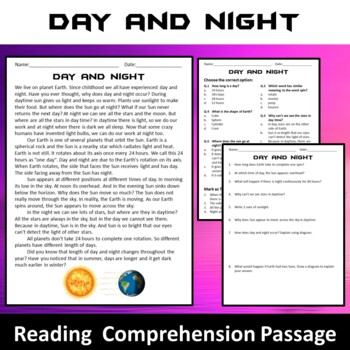 Preview of Day and Night Reading Comprehension Passage and Questions - PDF