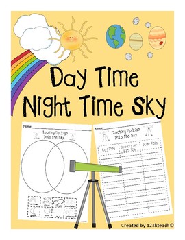 Preview of Day and Night Time Sky, Cut-And-Paste, Venn Diagram, Writing, Kindergarten-1st