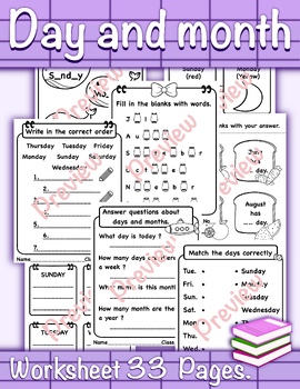 Preview of Day and month worksheet 33 page read, write and color
