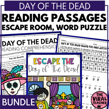 Preview of Day of the Dead Activities Reading Passages Escape Room Crack the Code Bundle