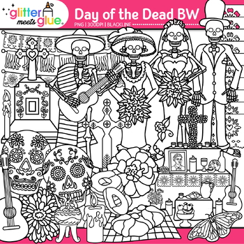 Preview of Day of the Dead Clipart: Sugar Skull Dia de los Muertos, Black & White Clip Art