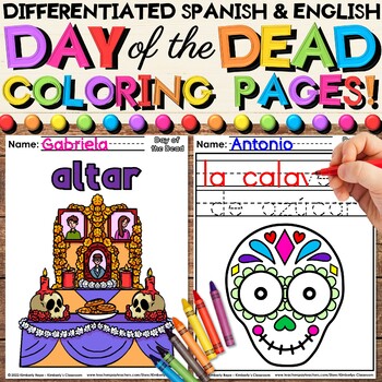 Preview of Day of the Dead Coloring Sheets with English & Spanish Vocabulary Activities