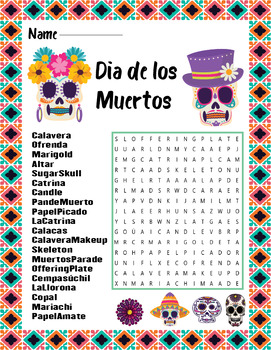 Day of the Dead Dia de los Muertos Word Search Activity by ELKS ART STUDIO