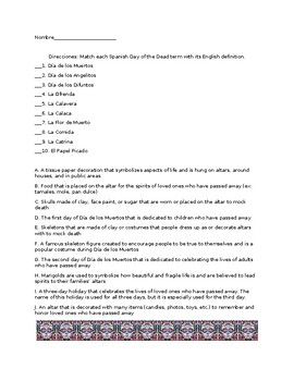 Preview of Day of the Dead Vocabulary Matching Worksheet