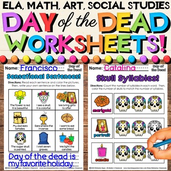 Preview of Day of the Dead Worksheets with Phonics, Math, Social Studies, & Art Activities
