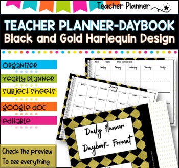 Preview of Daybook Planner for Teachers- BLACK AND GOLD DESIGN  PDF I GOOGLE SLIDES I PPT