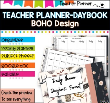 Preview of Daybook Planner for Teachers- BOHO  PDF I GOOGLE SLIDES I PPT