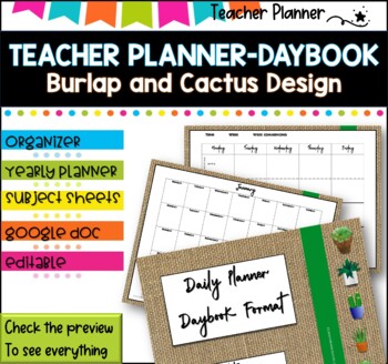 Preview of Daybook Planner for Teachers- BURLAP AND CACTUS  PDF I GOOGLE SLIDES I PPT