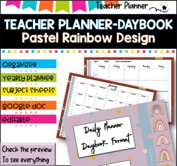 Preview of Daybook Planner for Teachers- PASTEL RAINBOW DESIGN  PDF I GOOGLE SLIDES I PPT