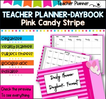 Preview of Daybook Planner for Teachers- PINK STRIPED  PDF I GOOGLE SLIDES I PPT