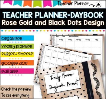 Preview of Daybook Planner for Teachers- Rose Gold -Black SPOTS  PDF I GOOGLE SLIDES I PPT