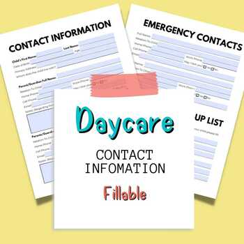 Preview of Daycare Contact Information Forms | Emergency Contact Forms For Childcare