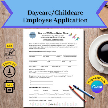 Preview of Daycare Employee Application, Daycare Job Application Form Template